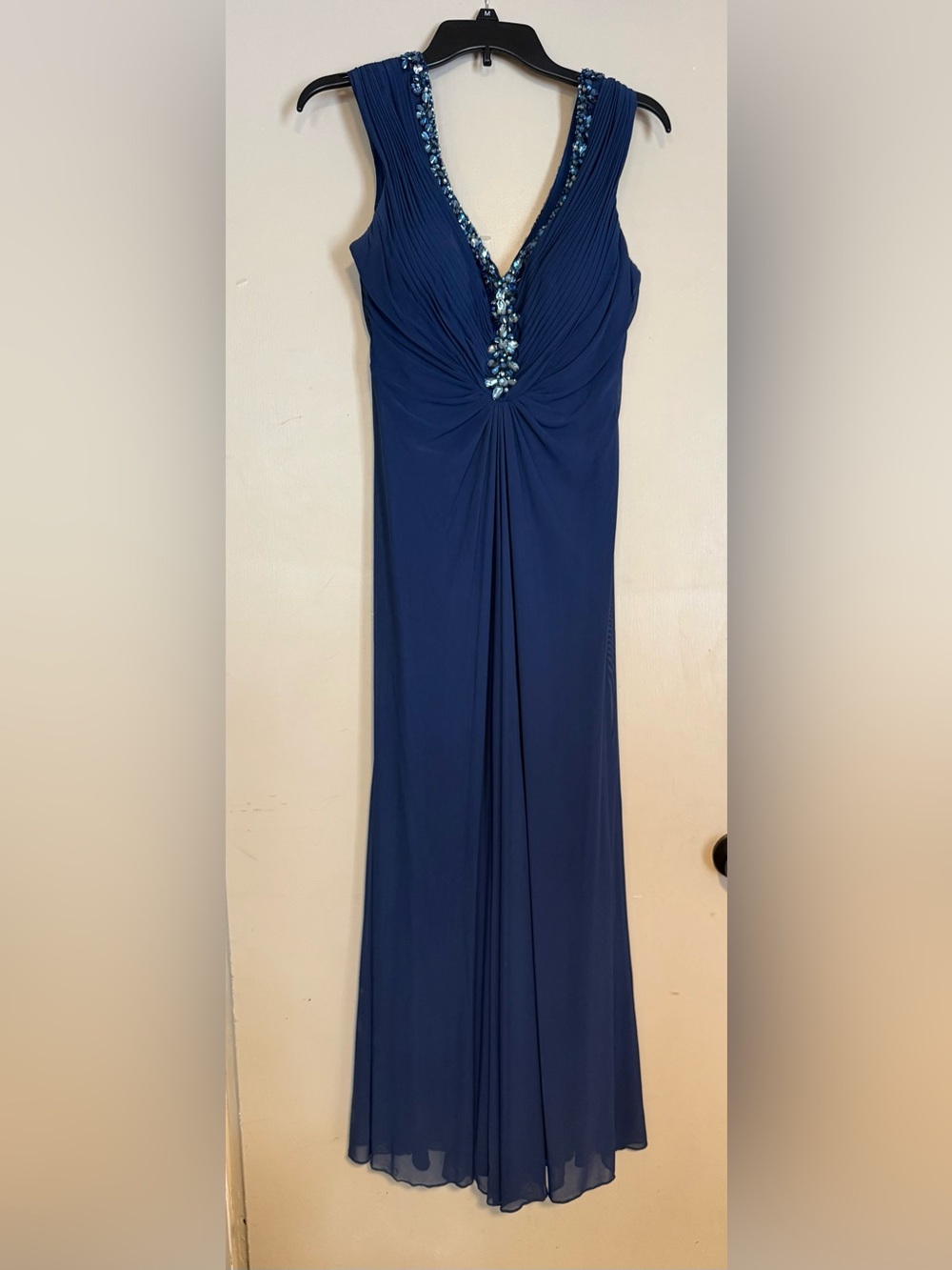 Navy Blue Evening Dress with Gathered Front and Embellishment